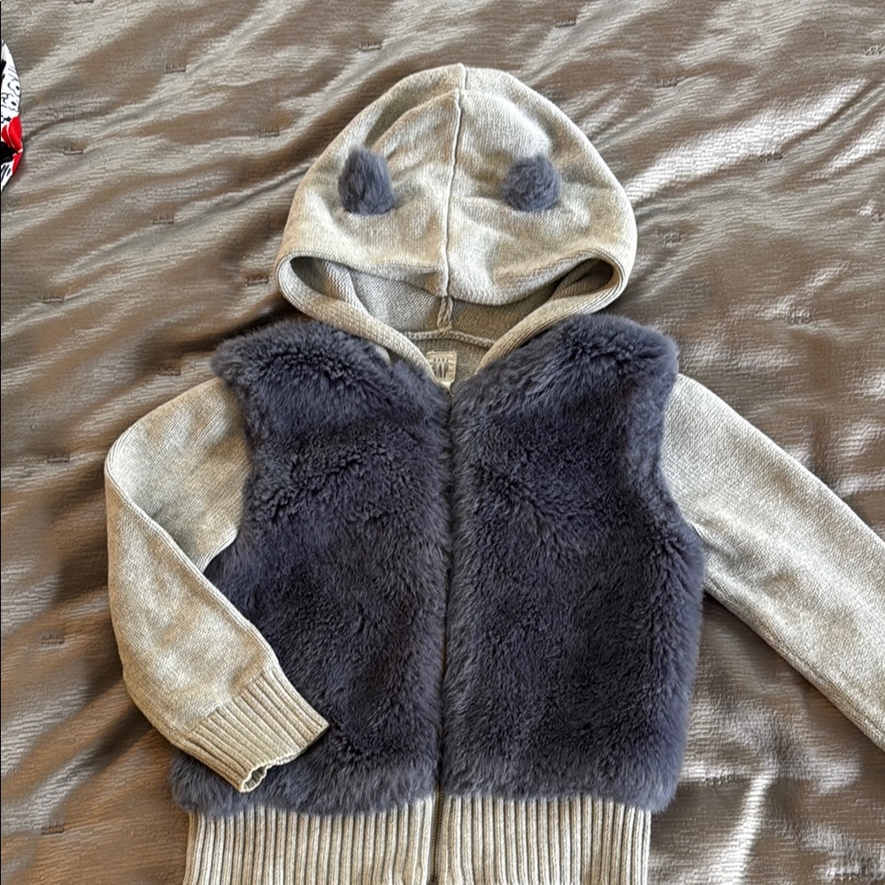 Gray Hooded Sweater with Faux Fur